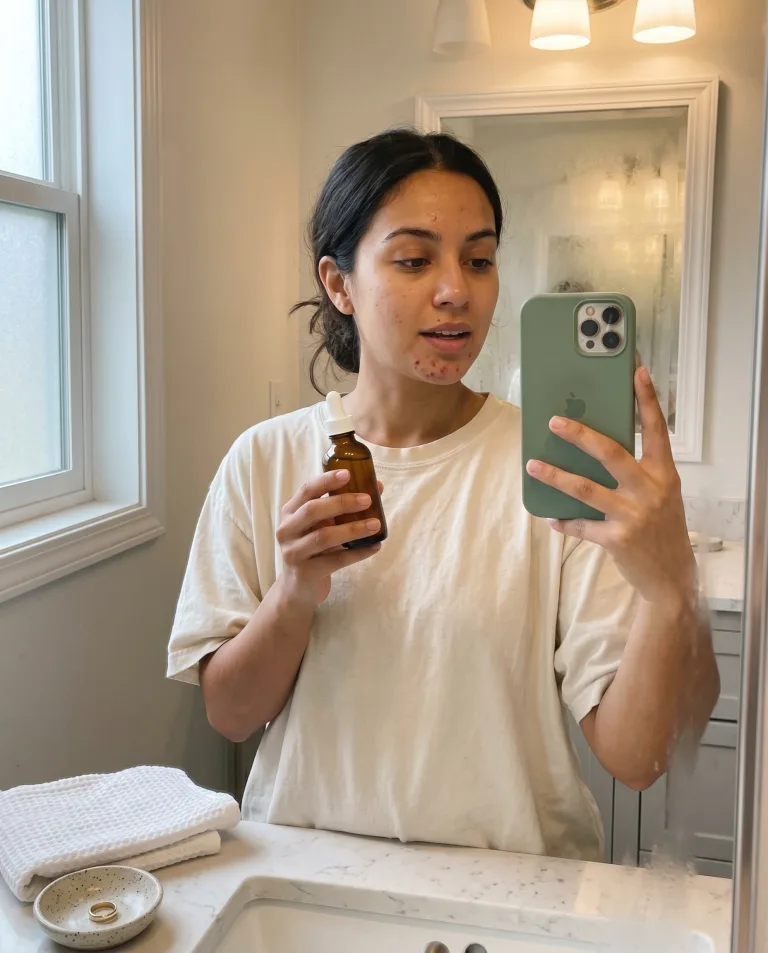 Beauty creator holding a serum bottle by the window, mirror reflection, morning skincare story.