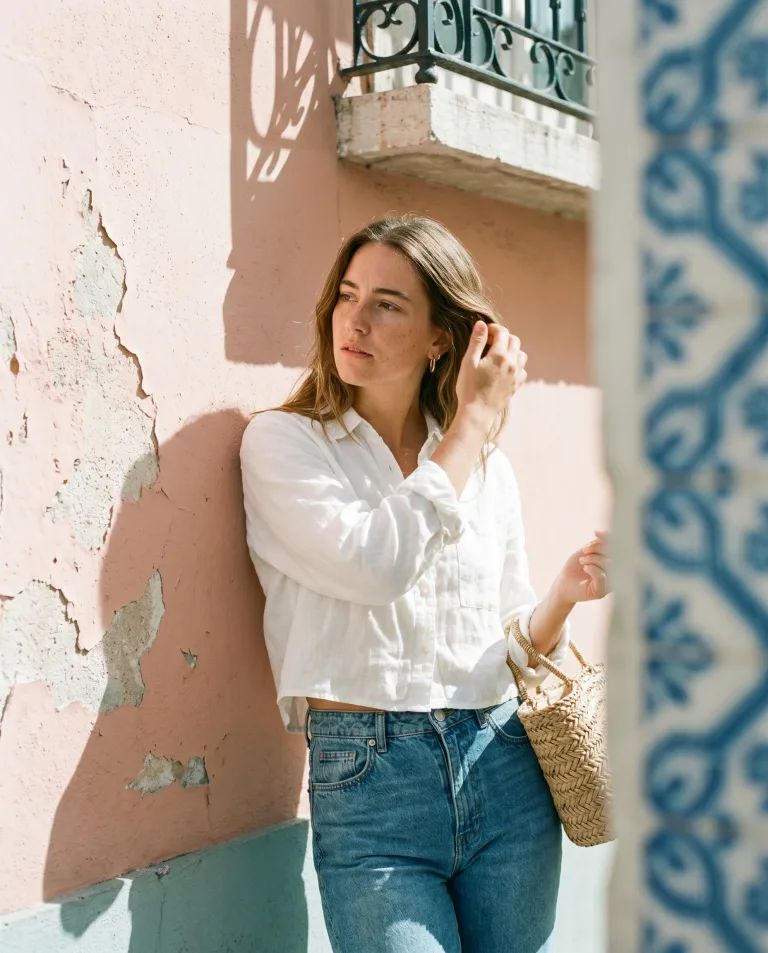OOTD shot of a girl in a white shirt against a pastel Lisbon wall, street tile behind her shoulder.