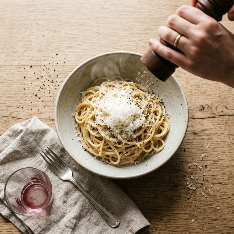 Food blog top-down: bowl of pasta with parmesan, a hand cracking pepper, wooden board and linen napkin.
