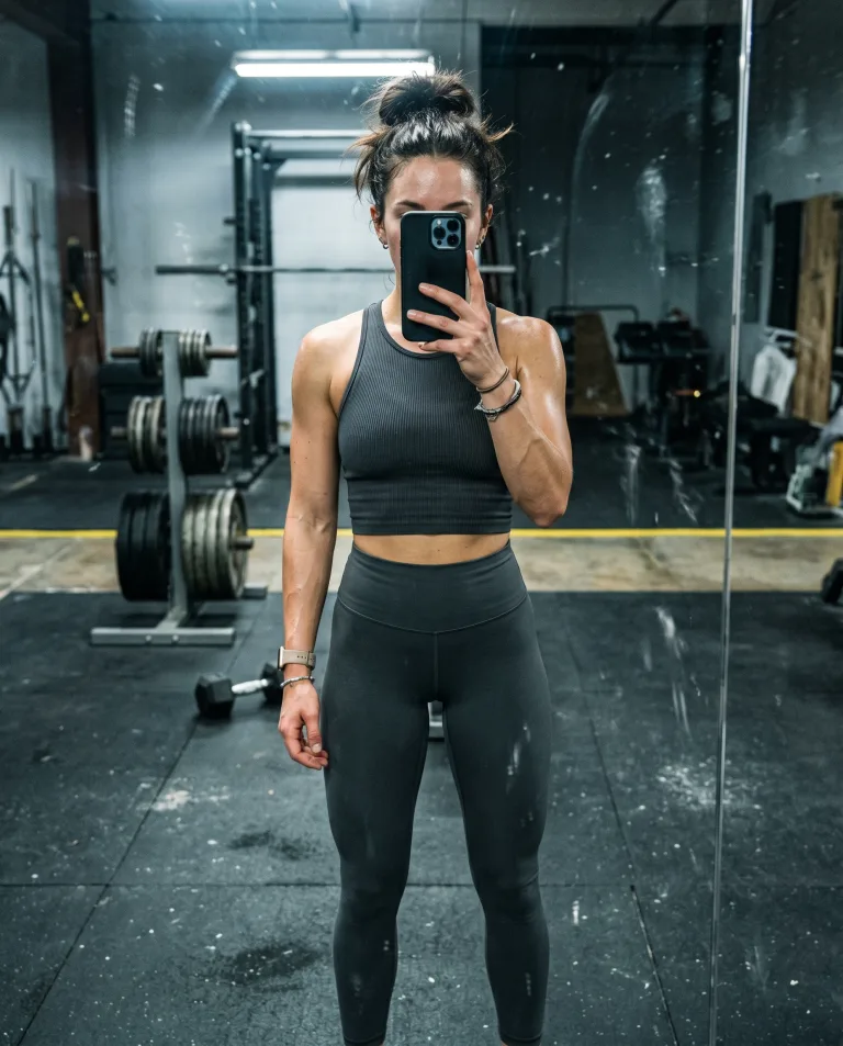 Gym mirror selfie: a woman in a sports crop top holding her phone, dim gym light behind her shoulder.