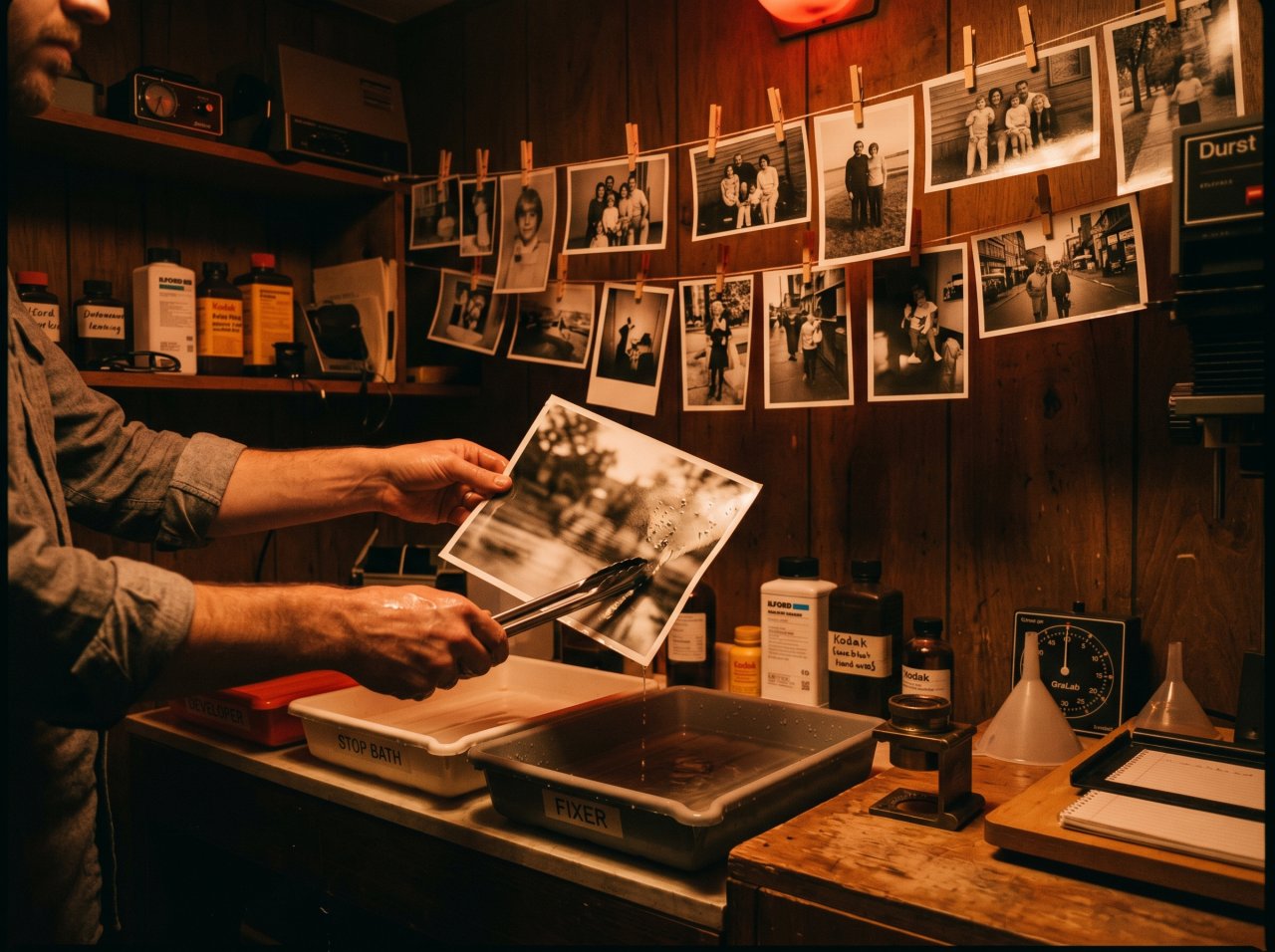 Home darkroom from the 1970s, hand lifting a developed black-and-white print from chemistry.