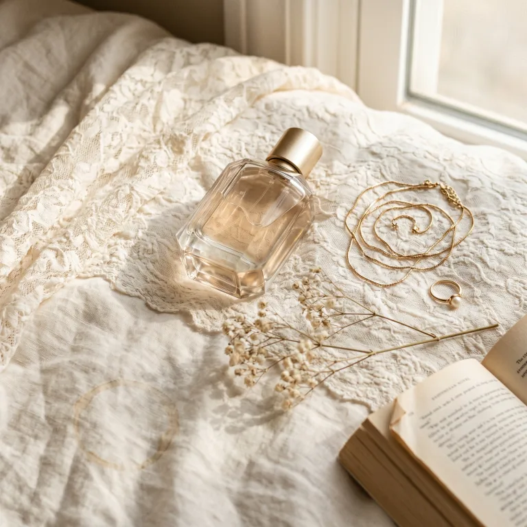 Sponsored flat-lay: a perfume bottle and thin gold jewelry on a lace bedding, morning light.