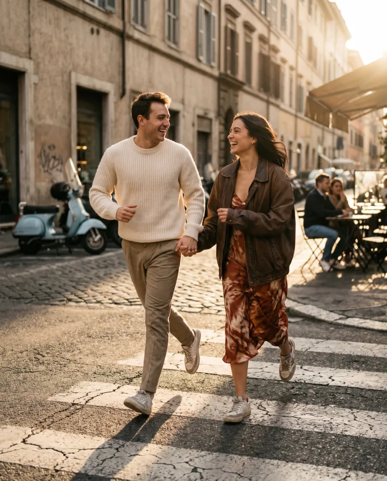 Couple at golden hour running across a crosswalk on a city street, brand campaign with light film grain.
