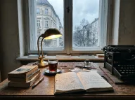 Wooden writer's desk by a tall north-facing window, open notebook and vintage typewriter in late afternoon.