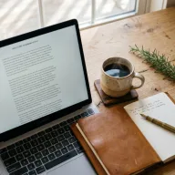 Open laptop with article text, coffee cup and notebook on a wooden desk.
