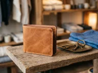 Hand-stitched leather wallet on oak shelving in a boutique, warm lighting.