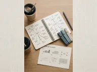 Open notebook with a hand-drawn mind-map, tablet stylus, markers and a coffee cup shot top-down.