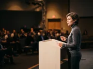 Speaker in a charcoal turtleneck at a pale ash podium, soft stage light, blurred audience silhouettes behind.
