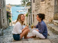 Two friends laughing on sun-bleached stone steps by the Adriatic, summer brand campaign mood.
