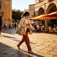 Energetic street scene with a figure in motion, strong diagonal light.